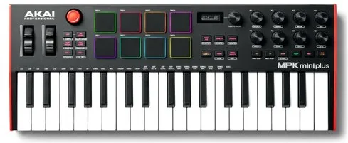 Akai MPK Mini Plus tastiera controller MIDI 37 tasti 8 pad RGB encoder rotativi sequencer display OLED USB nero