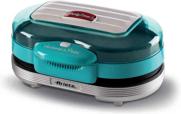 Ariete 205 Hamburger Maker Party Time, Macchina per fare hamburger, 1200 W, Doppie piastre antiaderenti, 2 scomparti, Facile da pulire, Celeste