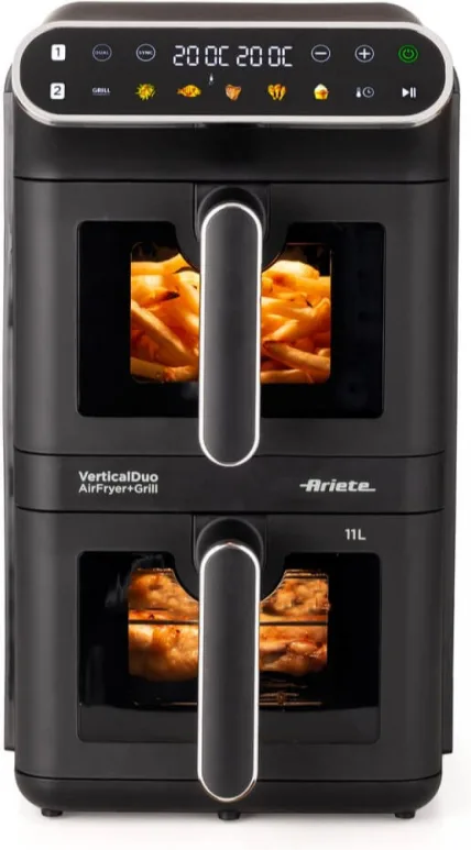Ariete 4640 Air Fryer Vertical DUO, Friggitrice ad aria doppia verticale, 2460W, 11L, Due cestelli, Sync e Dual, 6 programmi, Funzione Grill, Fino a 200°C