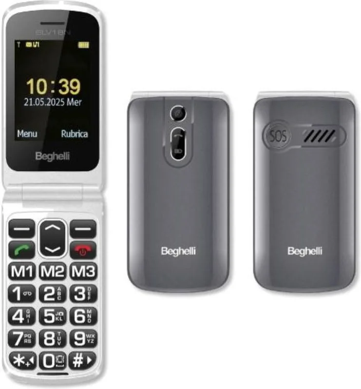 Beghelli slv18n eco dual sim 2.4 easy phone a conchiglia tasti grandi retroilluminati tasto sos blocco chiamate fotocamera torcia radio grigio