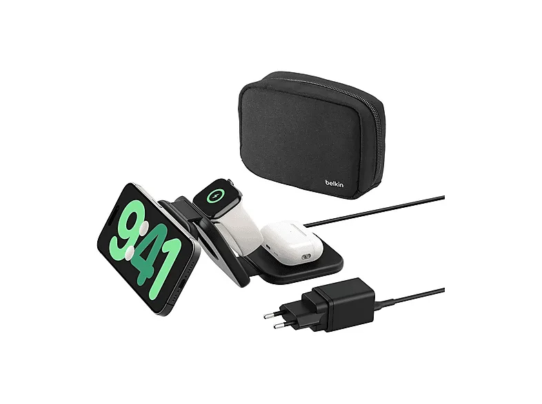 Caricabatterie Magsafe BELKIN BoostCharge Pro, stazione di ricarica wireless magnetico da viaggio 3 in 1 con Qi2 15W per iPhone, Apple Watch e Airpods, Nero
