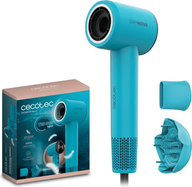 Cecotec 117911 DryNova Blue Wave Asciugacapelli 1600 W Motore Brushless Ionico 2 velocita' 4 temperature Concentratore Diffusore colore Blu