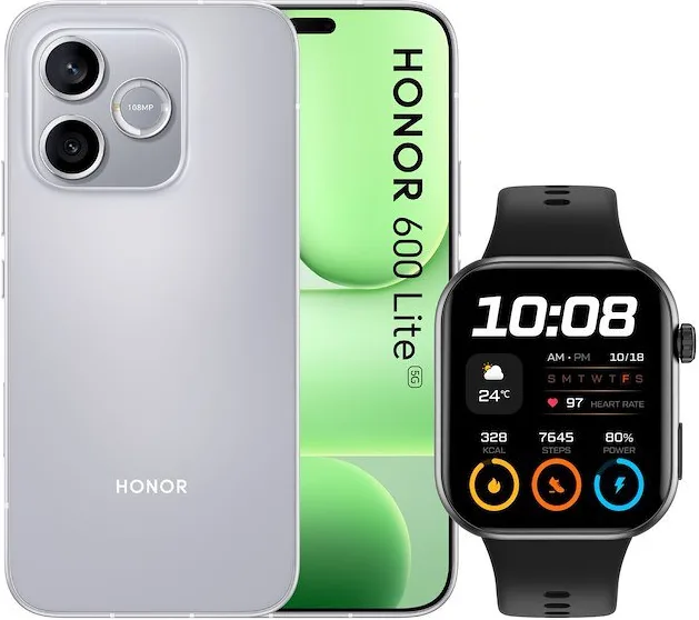 Honor 600 Lite bundle con Watch 2i, smartphone 6.6'' AMOLED, 8 GB RAM, 256 GB, 108 MP, 5G, Velvet Grey