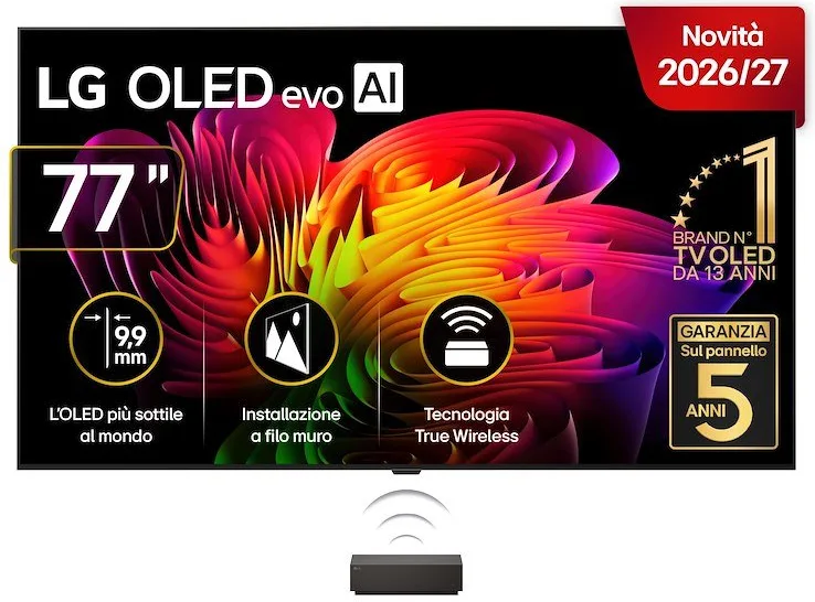 LG OLED evo AI Wallpaper TV 77'' W6 OLED77W69LA, 4K, spessore 9,9mm, True Wireless, Staffe filo muro SMART TV 2026