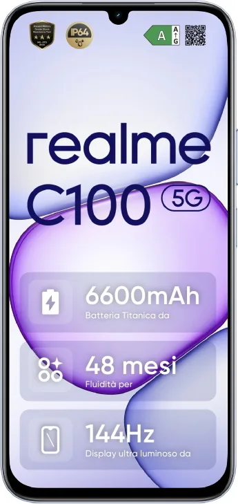 Realme C100 5G Smartphone Dual SIM 6.8'' LCD 144Hz MediaTek Dimensity 6300 4GB 256GB 50MP 6600mAh IP64 colore Viola