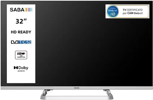 SABA SA32M10 TV 32'' HD READY, Triplo tuner DVBT2/C/S2 HEVC MAIN10, Certificato TivuSAT, Piedistallo centrale, Dolby Audio