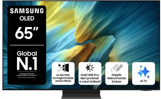 Samsung OLED AI TV 65'' QE65S95FATXZT 4K, Processore NQ4 AI Gen3, 4K AI Upscaling Pro, Glare Free, OLED HDR Pro, Dolby Atmos & OTS+, Infinity One Design