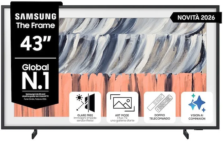SAMSUNG The Frame AI TV 43" QE43LS03HEUXZT 4K, Processore NQ4 Gen2, 4K Upscaling, Art Mode, Glare Free, Quantum HDR, Dolby Atmos & OTS Lite, Design, Vision Smart TV, 2026