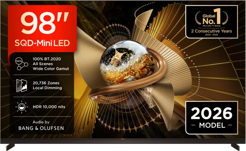 TCL X11L TV 98X11L SQD‑Mini LED da 98”, 4K UHD, 10.000 nit e 20.736 zone di dimming, Smart Google TV a 144Hz, Dolby Vision & Atmos, Audio Bang & Olufsen
